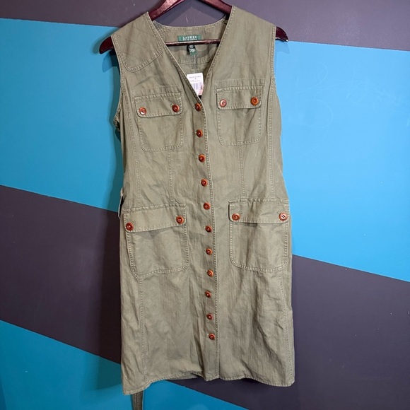 NWT Ralph Lauren Green Tie Front Sleeveless Midi Dress size 12 linen cotton - Picture 4 of 12